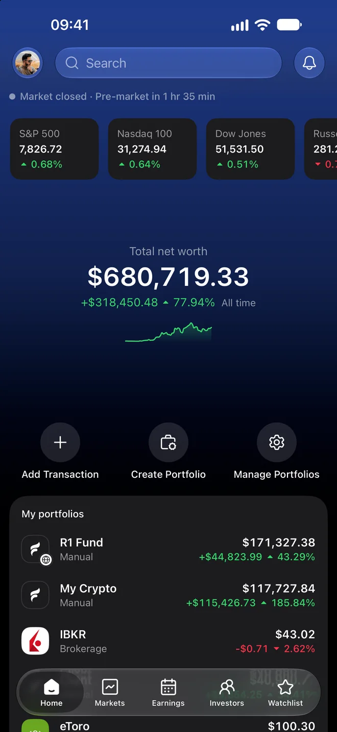 Finsepa iOS app Home with total net worth, market indexes, performance chart, and portfolios