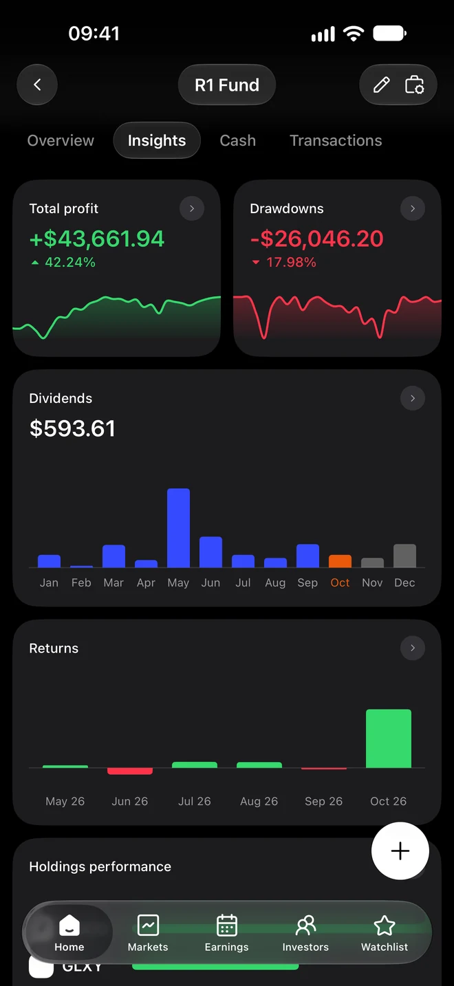Portfolio insights with total profit, drawdowns, dividends and returns